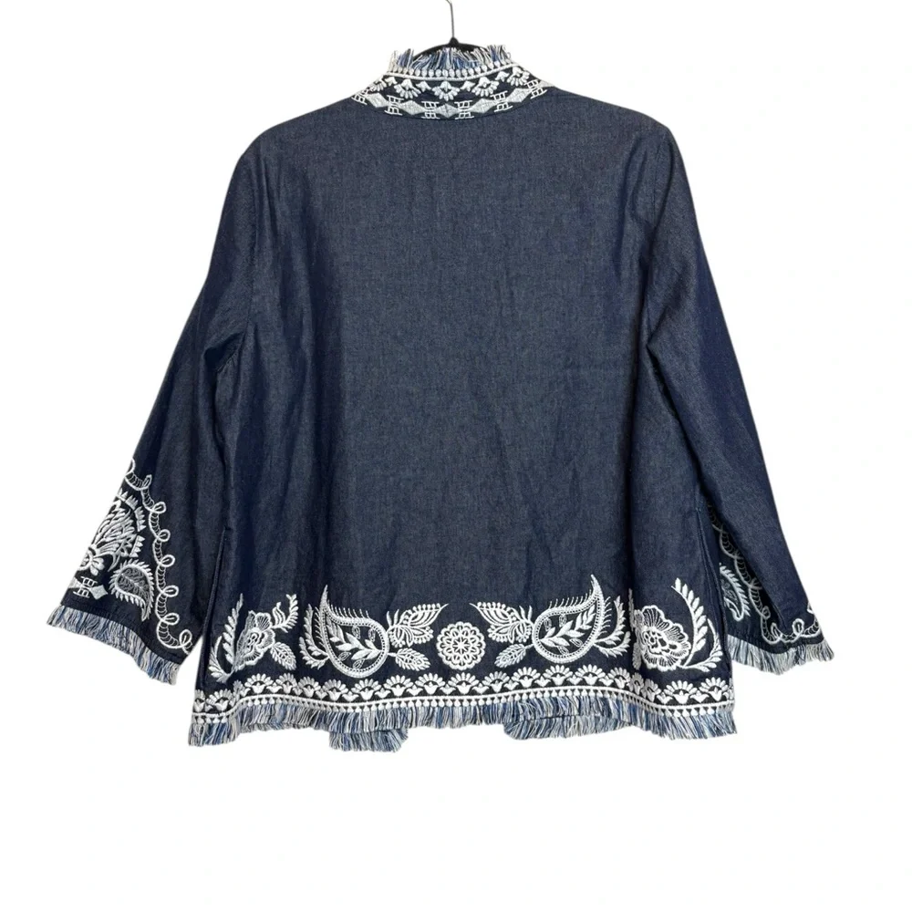 Soft Surroundings Mesaria Jacket Embroidered‎ Dark Denim Open Front Large 2GN81